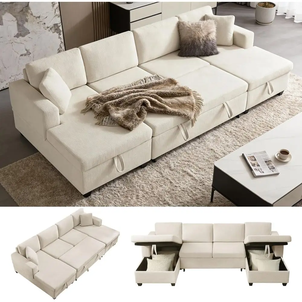 

Extended Chaise Sectional Sofa with Pull-Out Bed and Storage, 113, Beige | Large Space, 2 Chaises