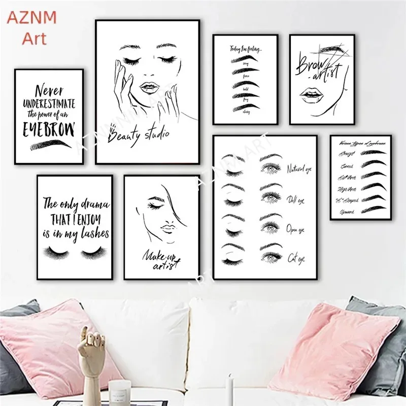 1PC ，Fashion MakeUp Canvas Painting Eyebrow Eyelashes Wall Art Lips Poster Beauty Salon Decoration Girl Bedroom Room Picture