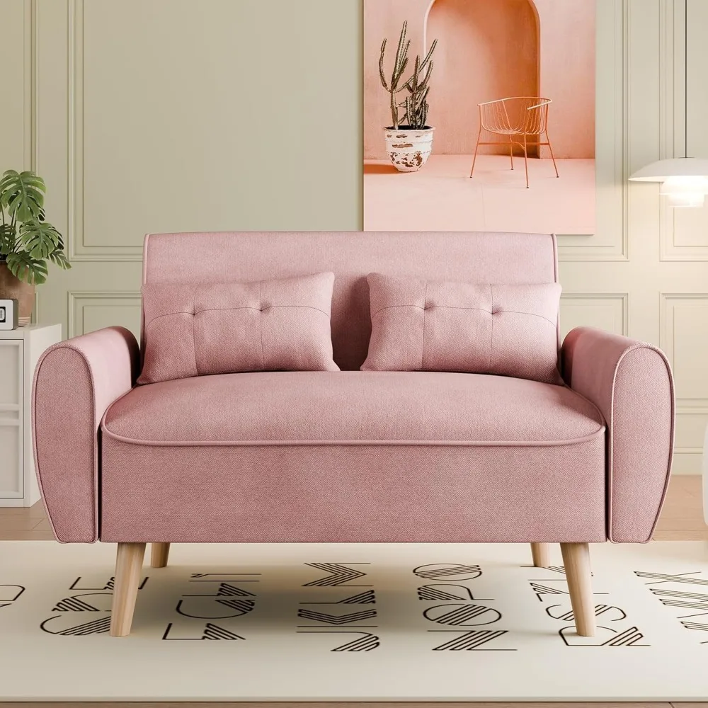 โซฟา Loveseat ขนาดเล็กที่ทันสมัย, โซฟาผ้าลินินกลางศตวรรษ 2 ที่นั่งโซฟาเบาะรักกระจุกพร้อมเบาะรองนั่งด้านหลัง