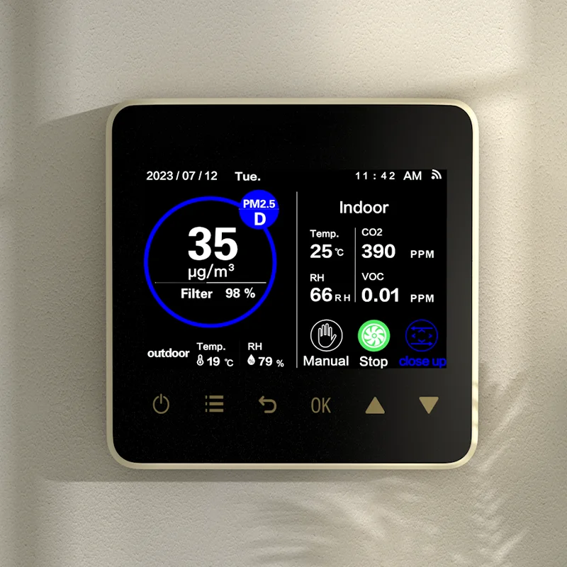 Kolorowy ekran LCD o przekątnej 3,5 cala, inteligentny kontroler wentylatora VOC PM2,5 CO2, temperatury i wilgotności