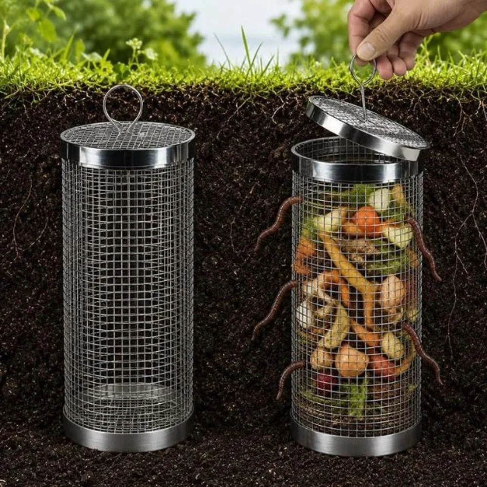 2Pcs Stainless Steel In Ground Composter With Pull Ring, Worm Farm Bin For Wiggler Vermicomposting, For Raised Beds And Backyard