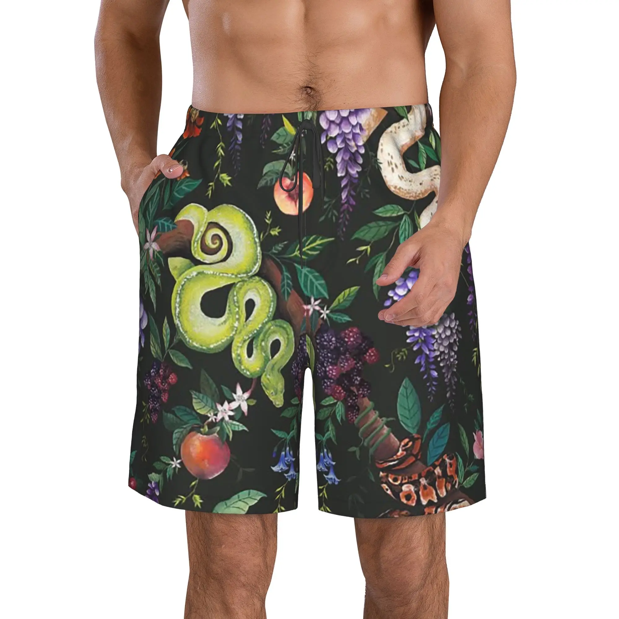 Colorful Snakes And Plants Pattern Trunks Beach Board Shorts Casual Quick Dry Swim Summer Men Pants