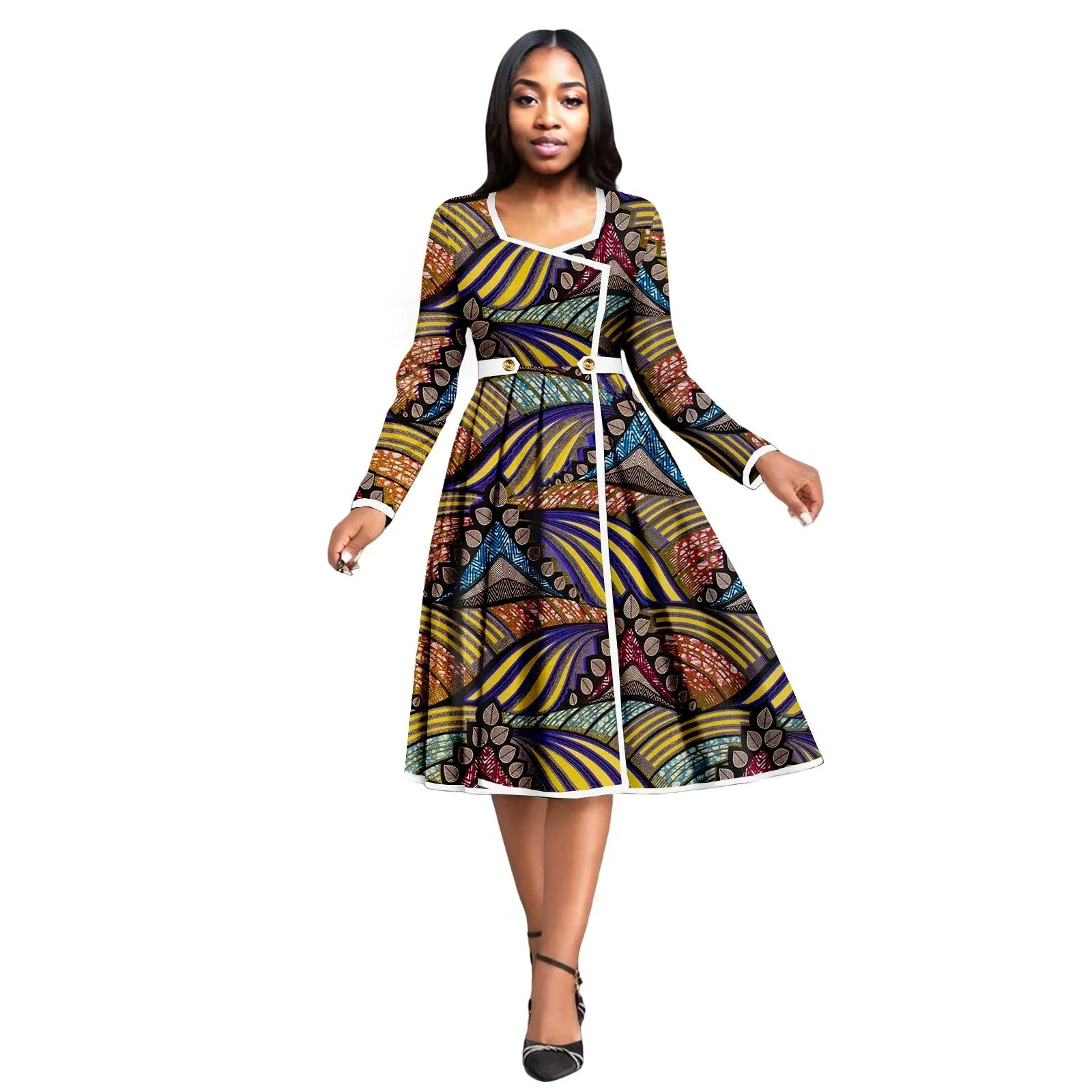 

Африканское платье для женщин Анкара с длинным рукавом трапециевидной формы, элегантные платья с разрезом и принтом, высокая талия, Дашики, торжественная вечеринка, свадебный наряд