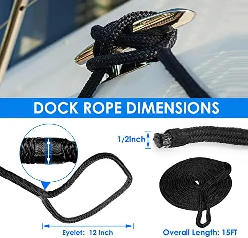 

4-Pack 1/2" x 15' Nylon Dock Lines - 968lbs Working Load, 4840lbs Strength, Black Marine Boat Ropes with Eyelets