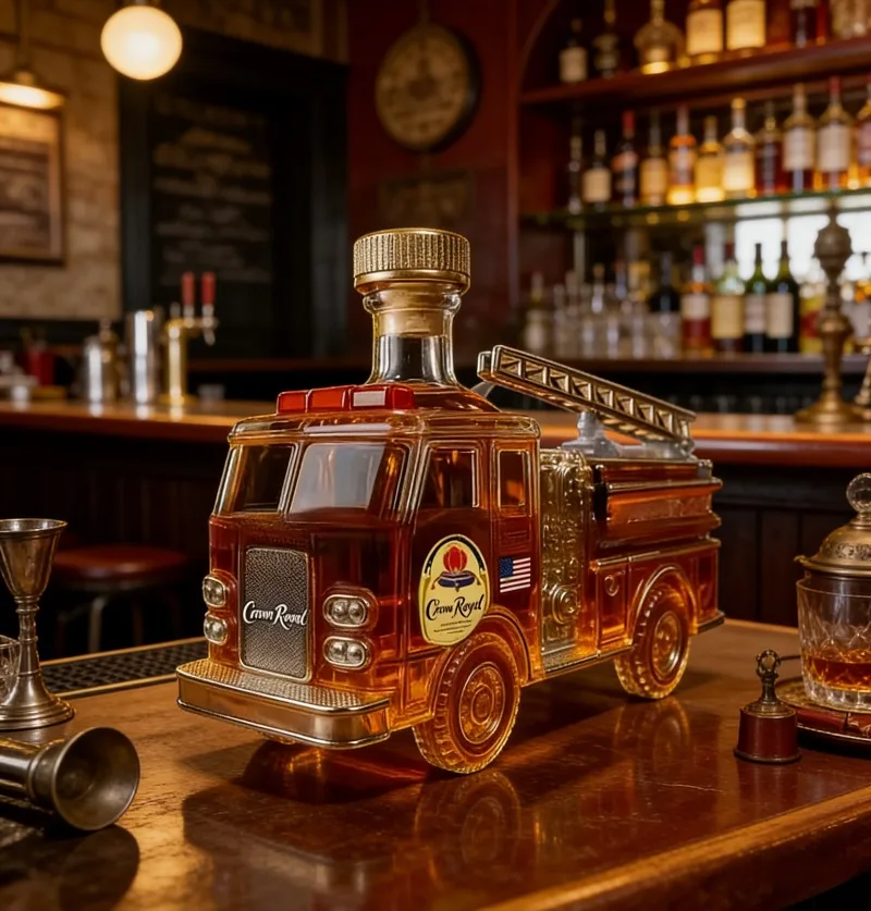 Creative fire truck modeling glass wine bottle, retro and old craftsmanship, home decanter, collection of good things