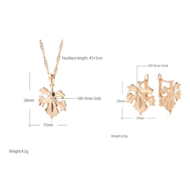 Wbmqda Unique Maple Leaf Shape Pendant Necklace Dangle Earrings For Women 585 Rose Gold Color Daily Matching Fine Jewelry Sets