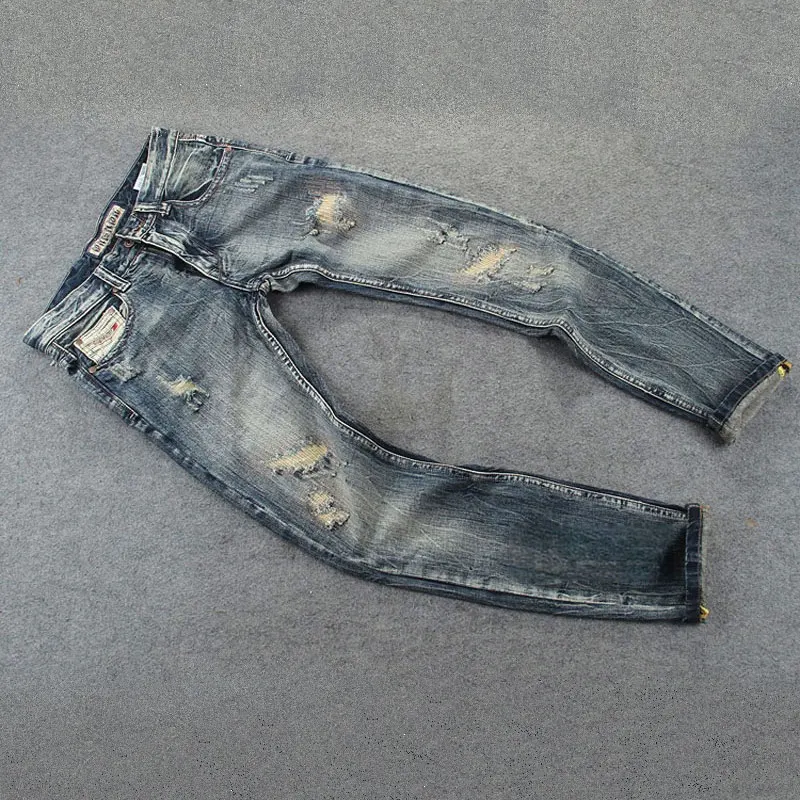 Street Fashion Men Jeans Retro Washed Blue Stretch Slim Fit Ripped Jeans Men Embroidery Patched Designer Vintage Denim Pants