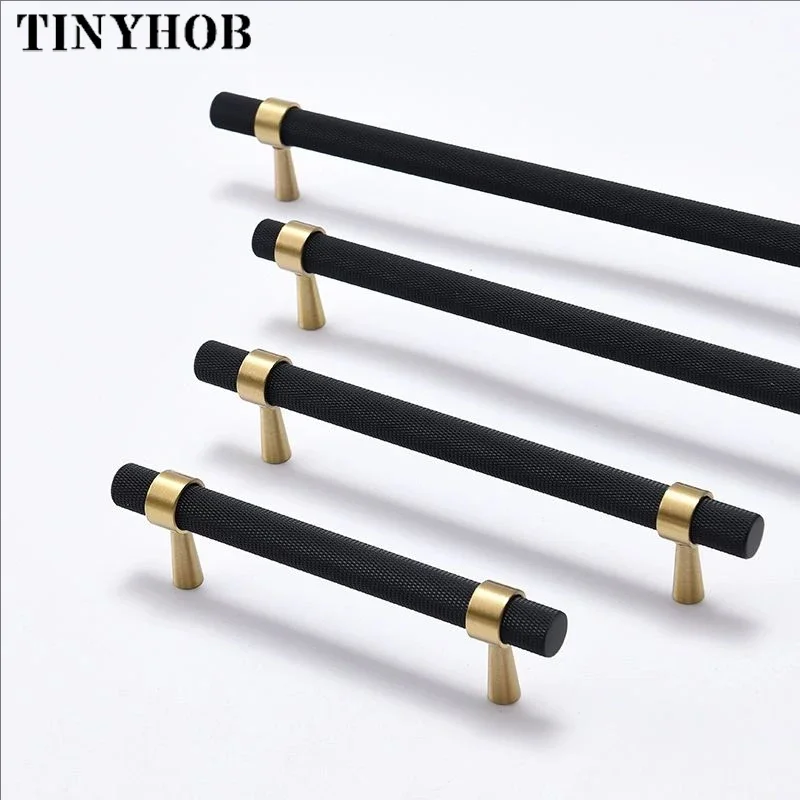 Tinyhob Black Knurled/Textured Kitchen Handles Drawer Pulls Bedroom Knobs Solid Brass T Bar Cabinet Hardware Decorative Knob