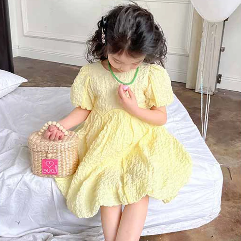 Girls\' Summer Dress New Fashionable Solid Color Sweet Dress Short Sleeved Princess Dress Fluffy Dress For Children Clothing