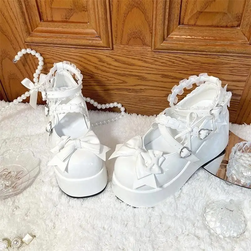 Pink Kawaii Round Headed Lolita JK Shoes Women Sweet Bow Patent Leather Thick Soled Shoes Tea Party Mary Jane Sponge Cake Shoes