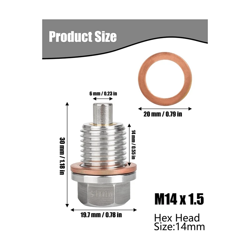 Magnetic Oil Drain Plug M14 X 1.5MM 2 PCS, Stainless Steel Engine Oil Drain Plugs With 2 Pcs Copper Gasket Anti Leakage