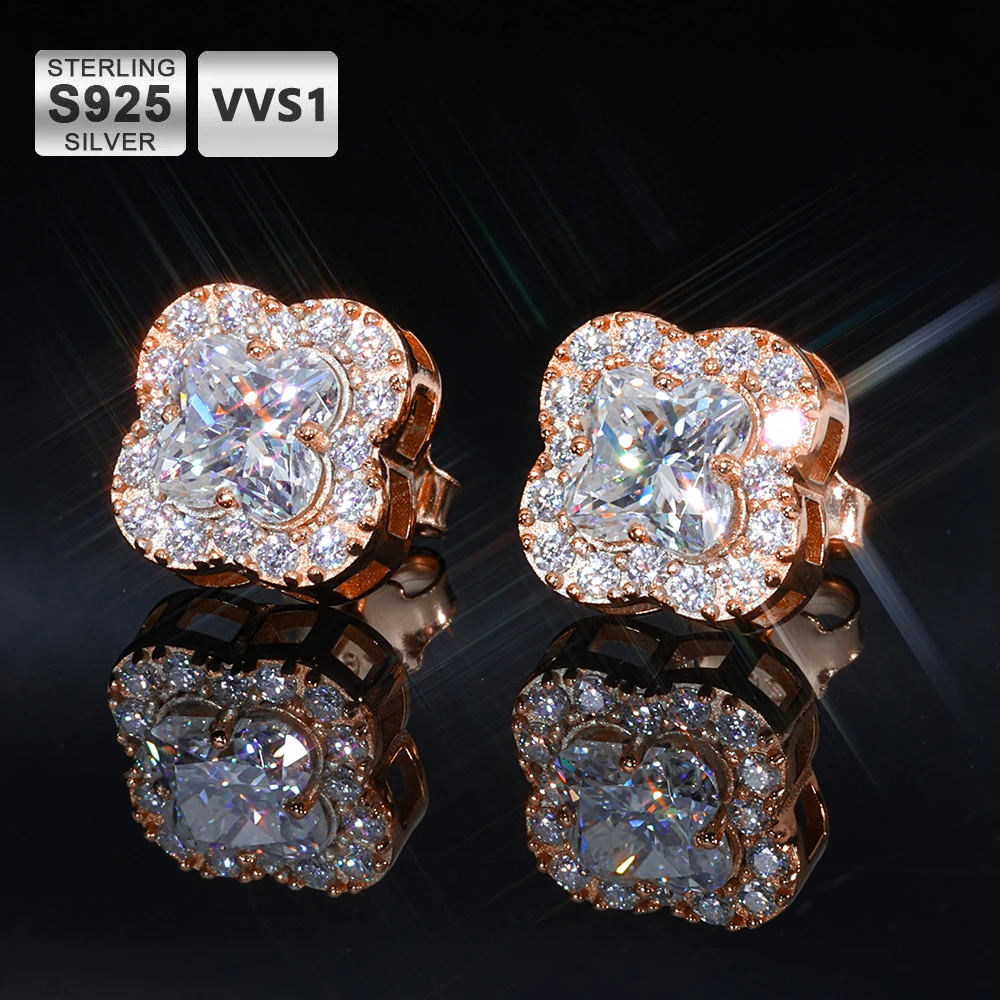 

ICEBLING New Iced Four Leaf Clover Cut Moissanite Stud Earrings for Men Women 925 Sterling Silver Wedding Party Jewelry