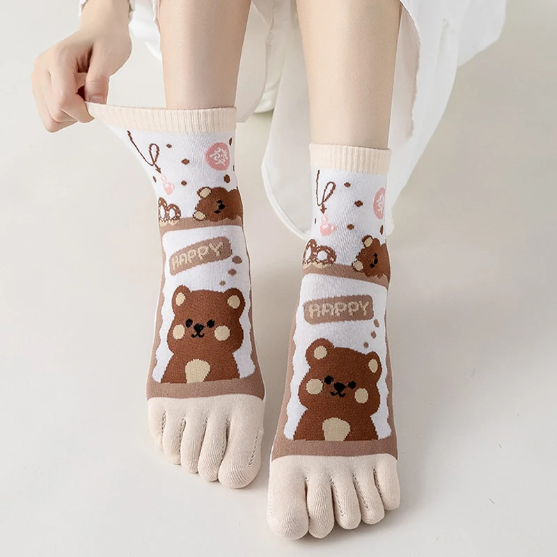 Cute 5 Finger Socks Women Girl Cotton Fashions Bear Flowers Rainbow Young Casual Harajuku Happy Party Dress Toe Short Socks