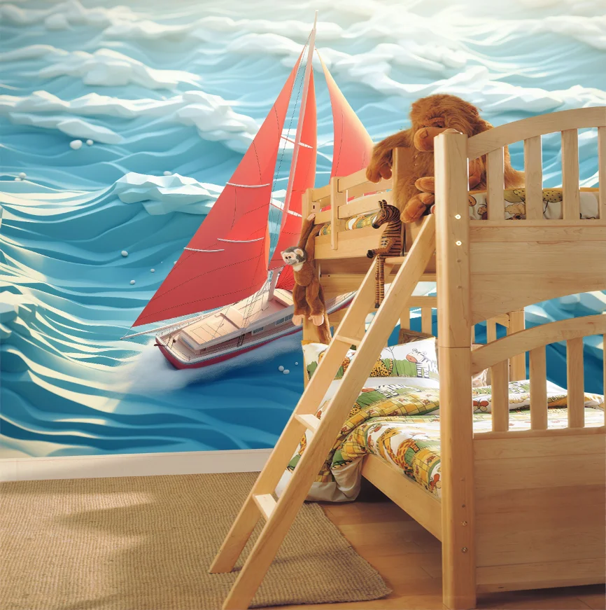Custom Wallpaper Children's Room Sea Sailing Wallpaper Kindergarten Paper Cuttings Wall Decoration Ocean Wave mural 3d wallpaper