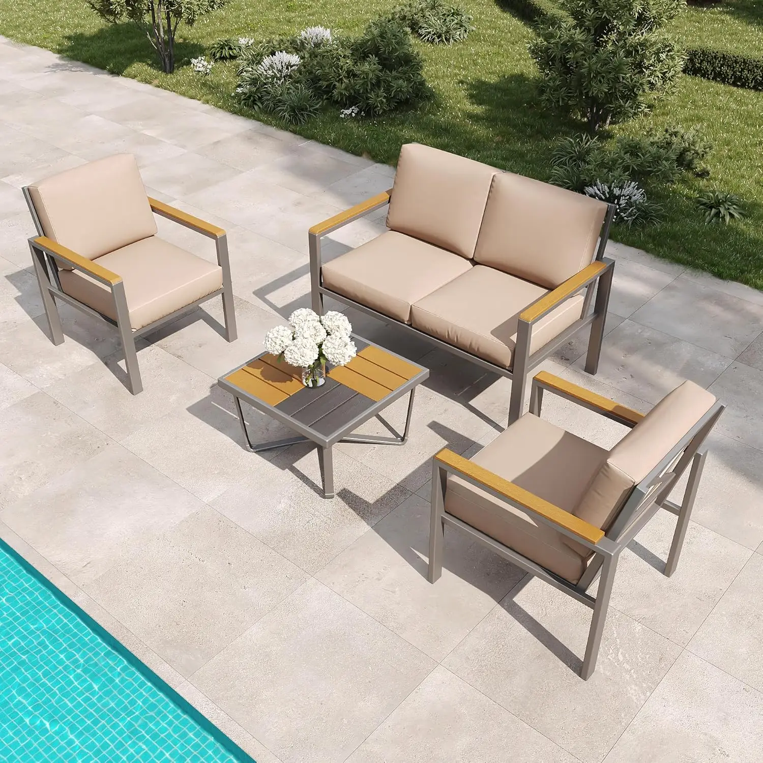 

4-Piece Metal Outdoor Conversation Set w/Cushions Wood-Like Armrests, Modern Patio Sectional w/Coffee Table (Brown)