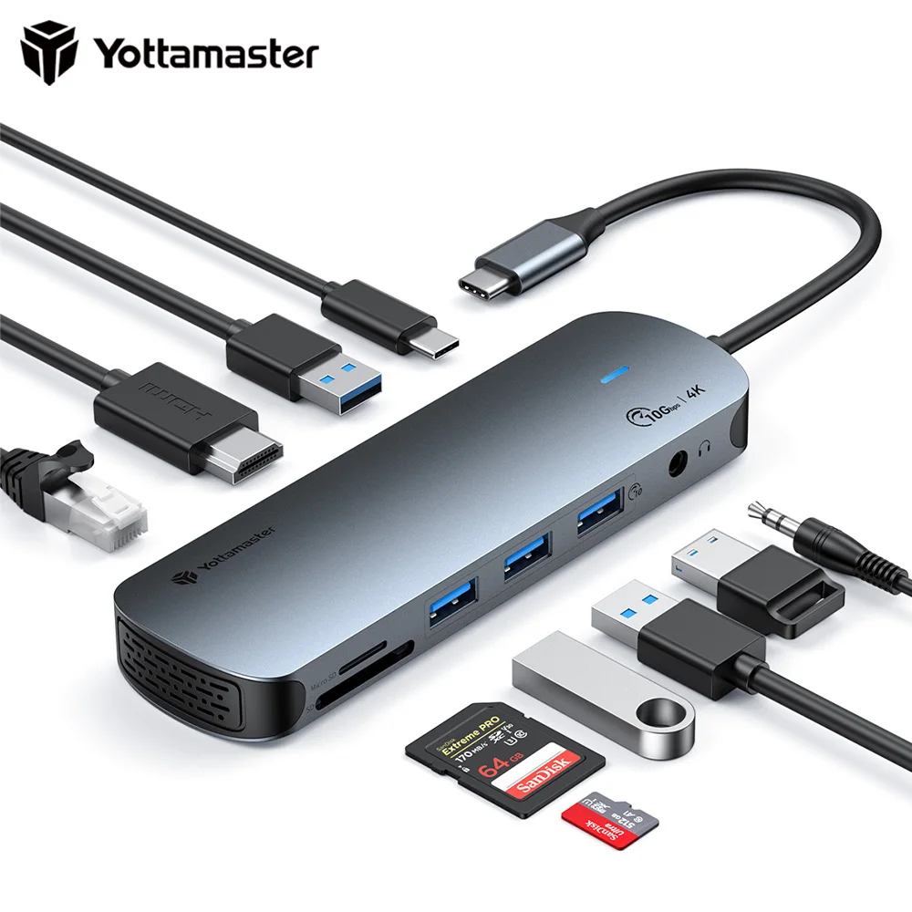 Yottamaster Type-C 10 in 1 USB HUB Splitter to 10Gbps USB 3.1 USB3.1/RJ45/ SD/TF Multi-fonction Dock for MacBook Air M1 M2 USB A