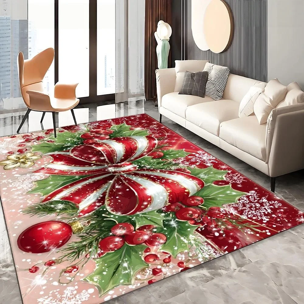 Glam Winter Xmas Area Rug Red Bow Holly Berry Ornament Pattern Indoor Mat for Home Christmas Renovation
