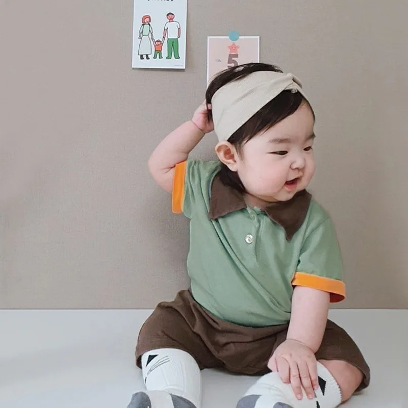 2026 Summer New Baby Short Sleeve T Shirts Cute Boys Patchwork Tee Infant Girls Cotton Lapel Tops Toddler Clothes