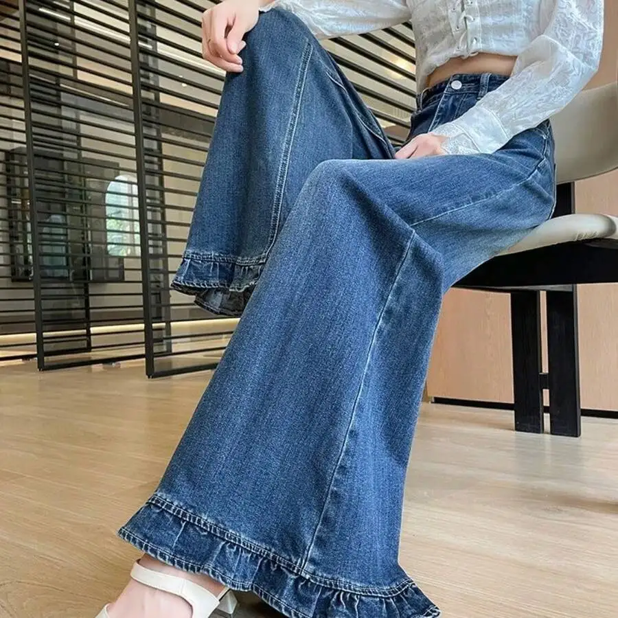 

High Waist Wide Leg Flare Denim Trousers With Ruffle Hem Women Casual Jeans