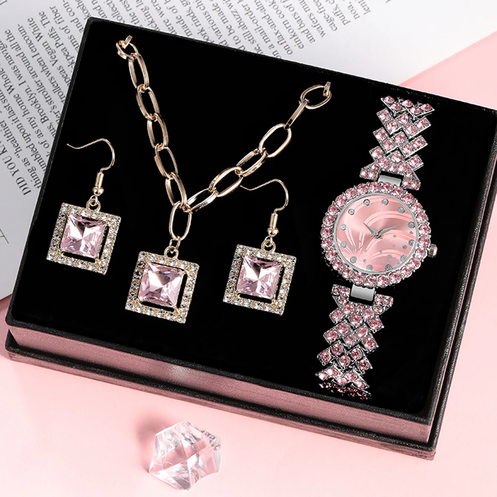 4pcs Women\'s Watch Set Full of Diamond Luxury Fashion Casual Quartz Watch Earrings Necklace Watch Set