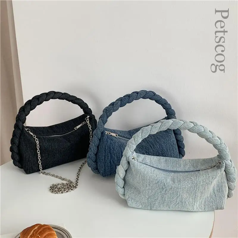 Denim Stof Vrouwen Zachte Handtassen Chain Strap Solid Schouder Crossbody Tas Mode Luxe Vrouwelijke Kleine Tassen Clutch Purse