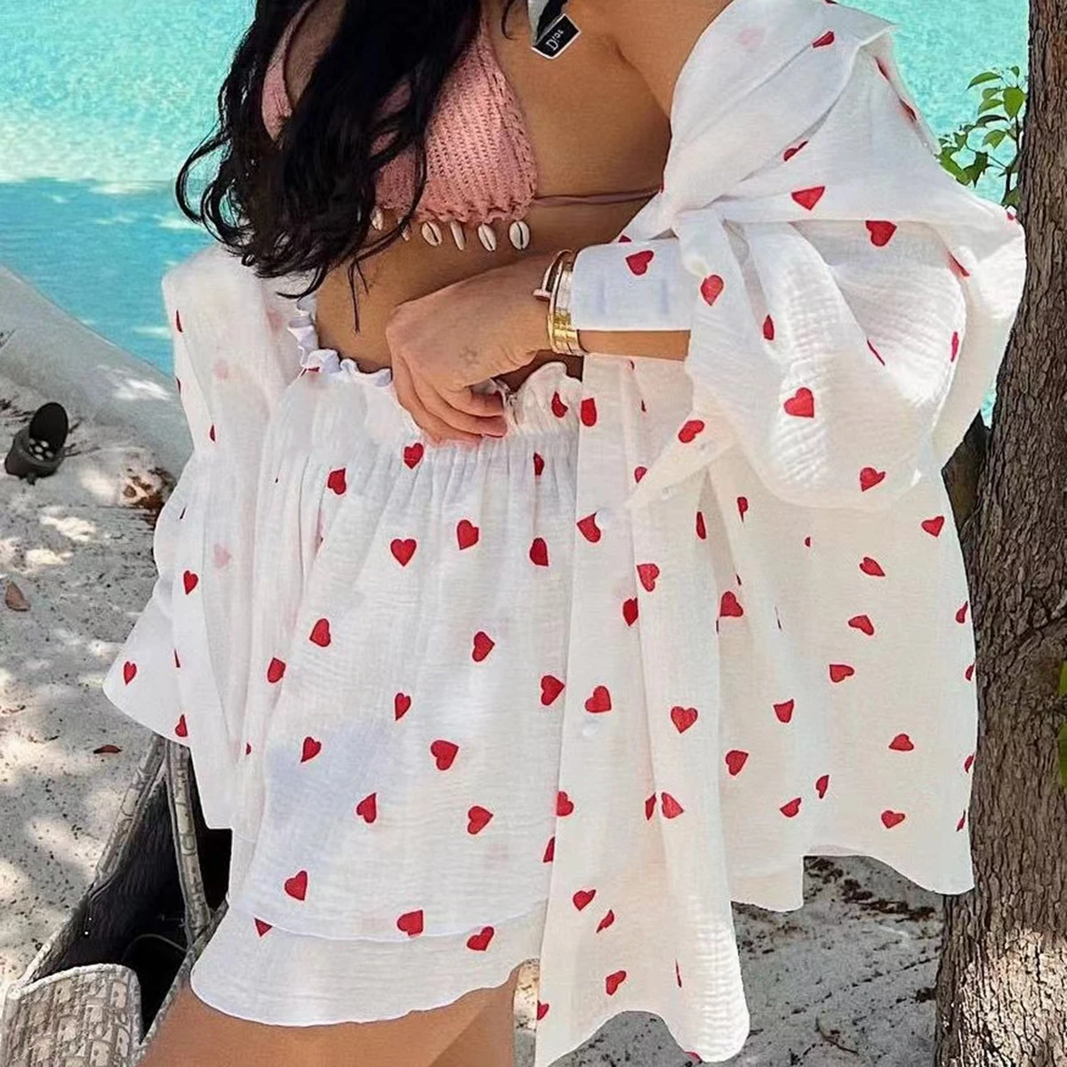 Heart Printed Graphic 2 Piece Set 2024 New Spring Long Sleeve Cardigan+Ruffle Short Pant Sets Casual Holiday Women\'s Shorts Suit