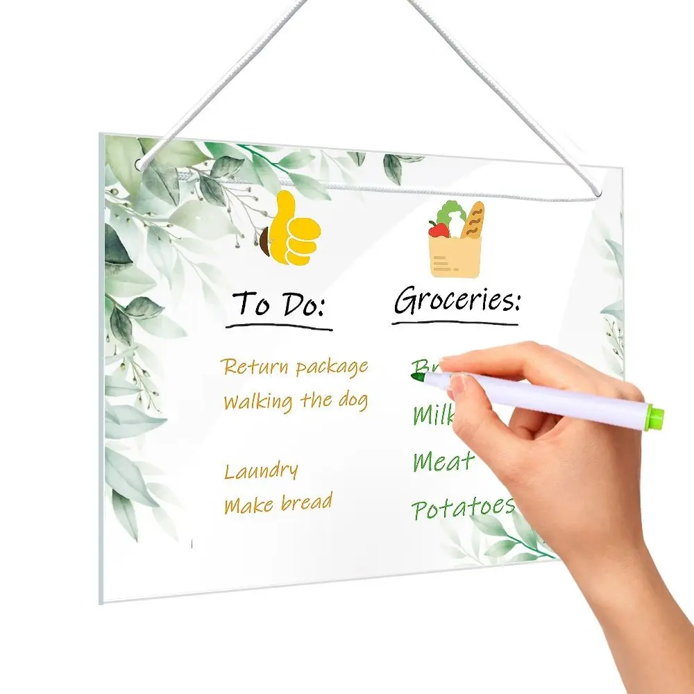 Creative Transparent Message Board Acrylic Wall Hanging Note Board Green Leaves Pattern Handwritting Erasable Whiteboard Tool