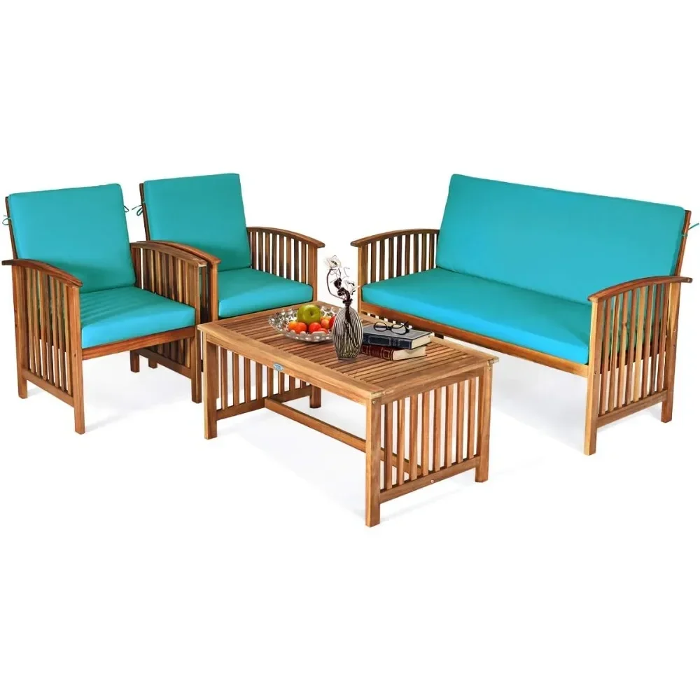 

Outdoor 4 PCS Acacia Wood Sofa Set w/Water Resistant Cushions, Padded Patio Seating Chat Set w/Coffee Table for Garden, Backyard