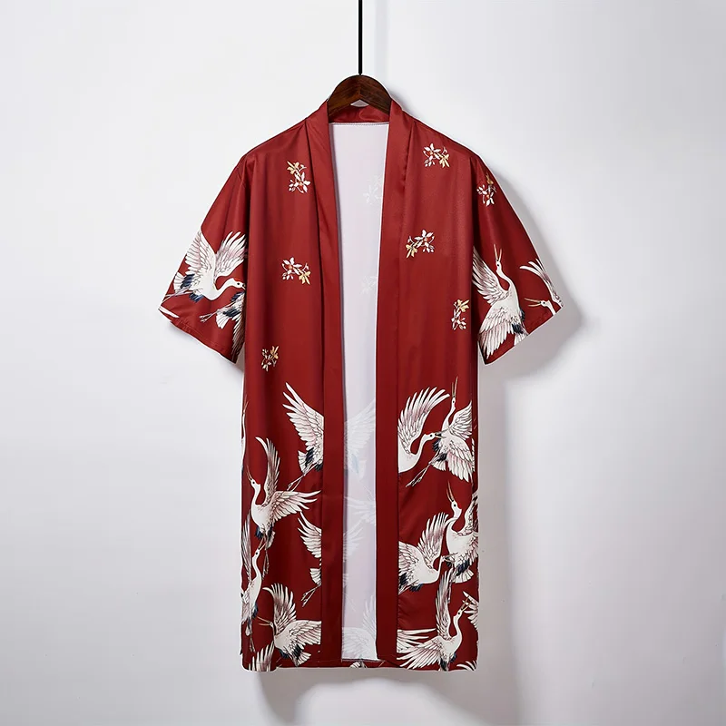 European and American Retro Loose Plus-Size Crane Print Vacation Beach Cover-Up Sun Protection Clothing Summer Mid-Length Slit Bathrobe Sexy Nightgown Cardigan Thin Jacket