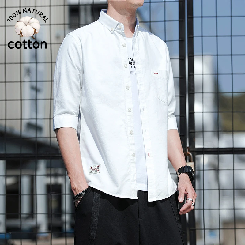Sommer 100% Baumwolle Oxford-Stoff Herren Dreiviertelärmel-Hemd Grau mit Tasche und Revers Halbarm-Hemden Slim Fit Korea Y2k Mantel für Männer