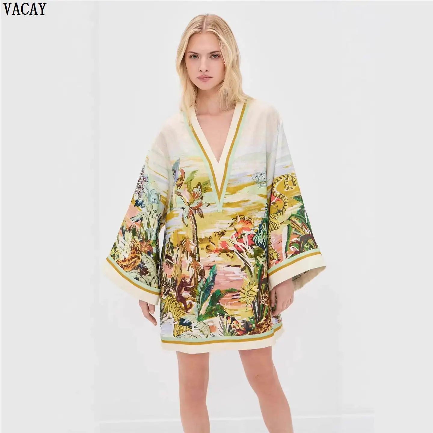 Vacay 2026 Women's Casual Long Sleeve Loose Dress Vacation Style V-Neck Mid-Waist European Fashion Single Piece Fall Collection