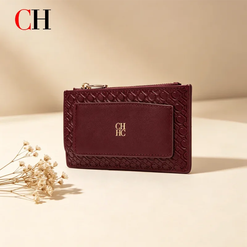 CH Embossed PU Leather Card Holder Women Zipper Coin Purse Slim ID Credit Card Wallet Small Clutch Bag