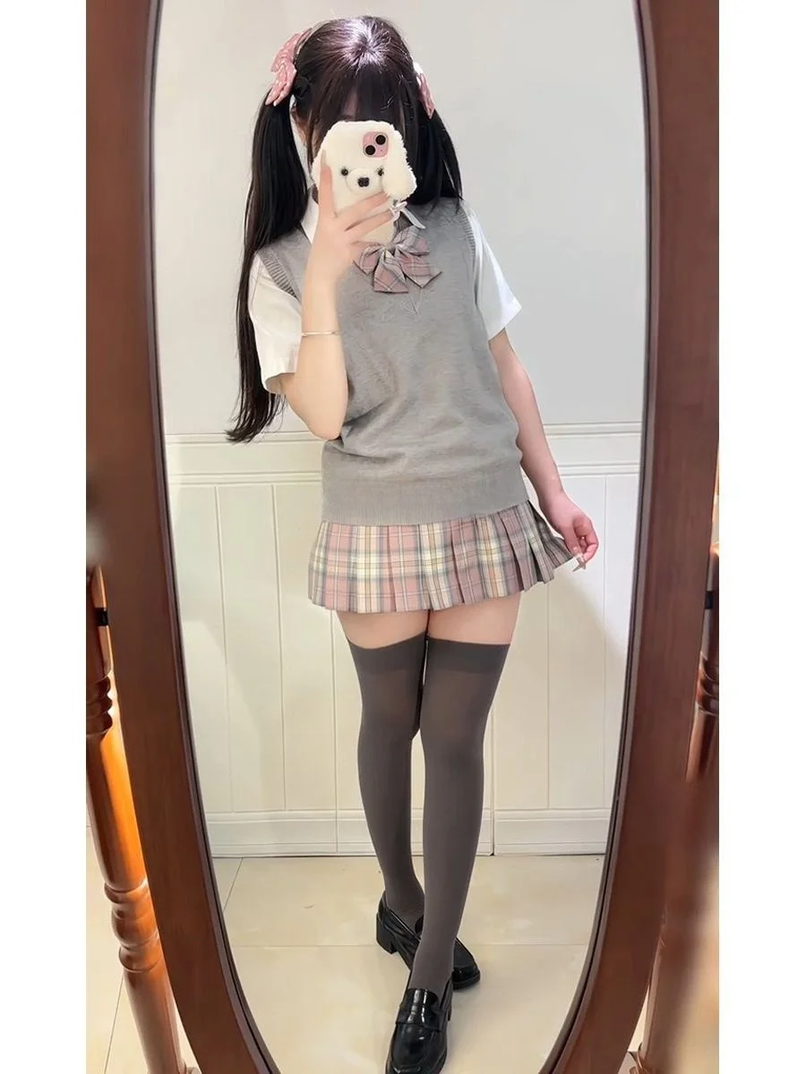 Original Japanese Style College JK Uniform Knitted Sweater Vest Spring Cherry Blossom Fashion Set Breathable Polyester Short ... view 5