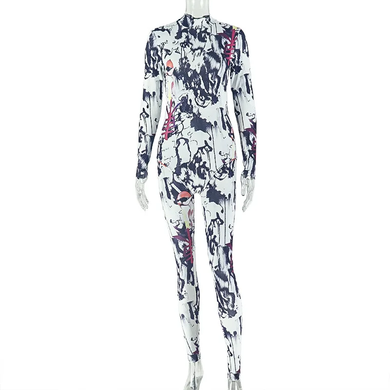 Printed women's color blocked sports commuting slimming jumpsuit, elastic and fashionable stand up collar long jumpsuit