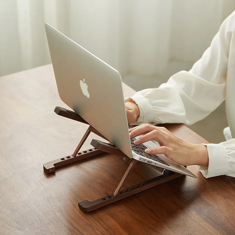 Wood Laptop Stand Foldable 8 Levels Height Adjustable Portable Notebook Holder Computer Support for MacBook Air Pro 11-17''