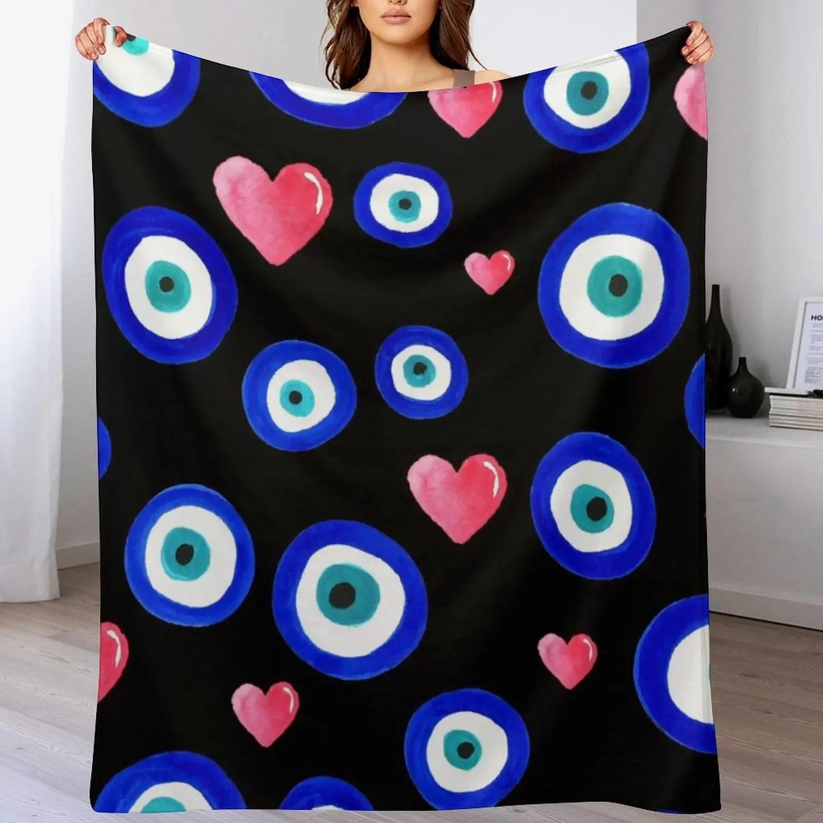 Scattered Evil Eyes & Hearts on black Throw Blanket Quilt Furry Blankets