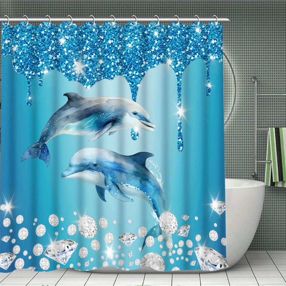 and Dolphins Shower Curtain Set - Luxurious Modern Design, Water-Repellent Curtain, Matching Toilet Floor Mat, and 12 Shower Cur