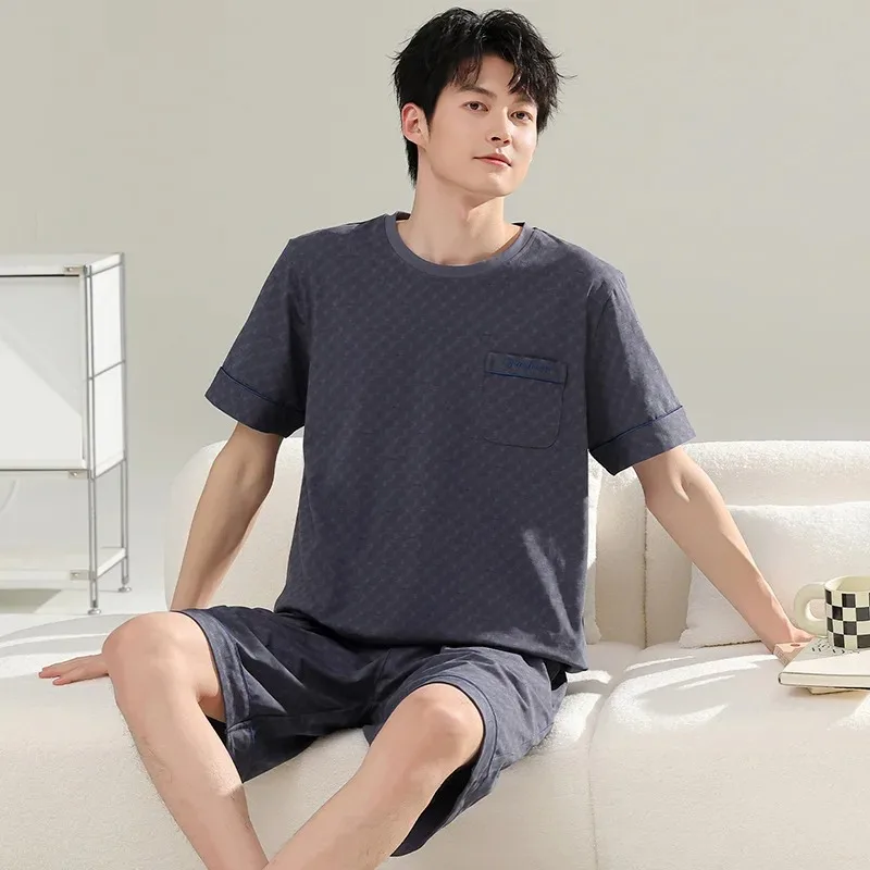 2Pcs Set Korean Men's Modal Pajamas Set Loose Short Sleeve Crew Neck Shorts Sleepwear Loungewear  pyjama homme Dropship
