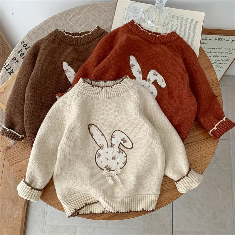 

Children Girls New Winter Sweater Lace Collar Cuff Cartoon Rabbit Kid Girls Pullover Soft Knitted Velvet Thicken 1-6Y Girls Tops