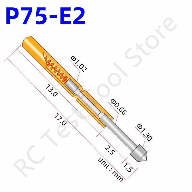 100PCS P75-E2 Spring Test Probe Pogo Pin Test Pin Dia 1.02mm Conical Head Dia 1.30mm Length17mm P75-E Test Tool For PCB Test