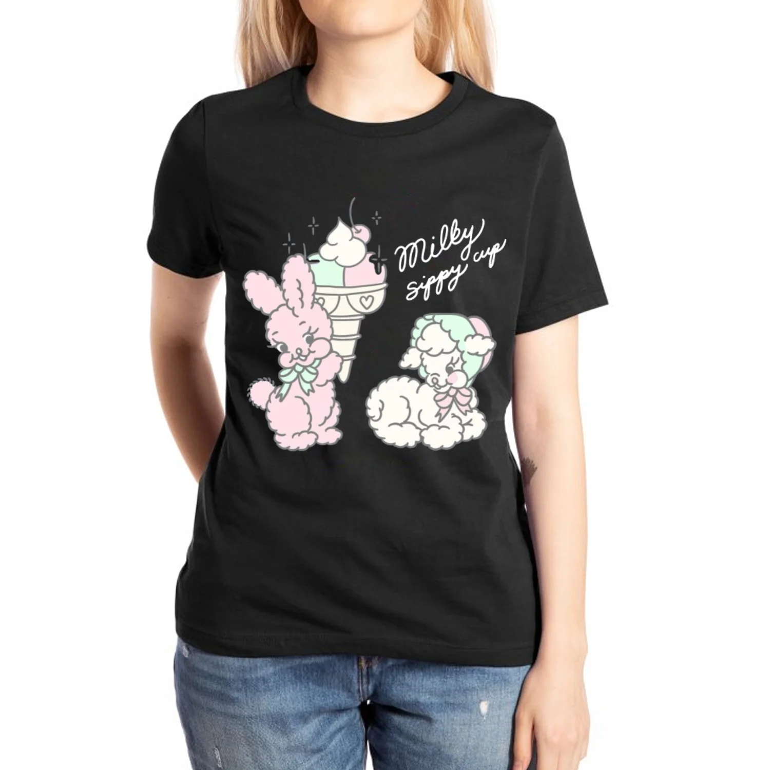 

Summer Women's Cotton T-Shirt Black Fairy Tale Theme Cartoon Lamb Rabbit Print Oversized Round Neck Short Sleeve Y2K Cute Design