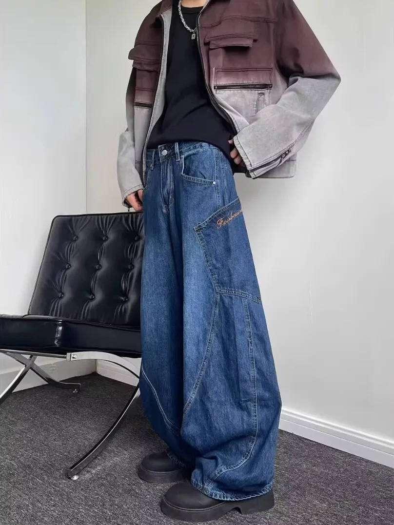 

Джинсы в американском ретро-стиле, широкие, темно-синие, с эффектом потертости, повседневные, городские, средней посадки, длинные брюки