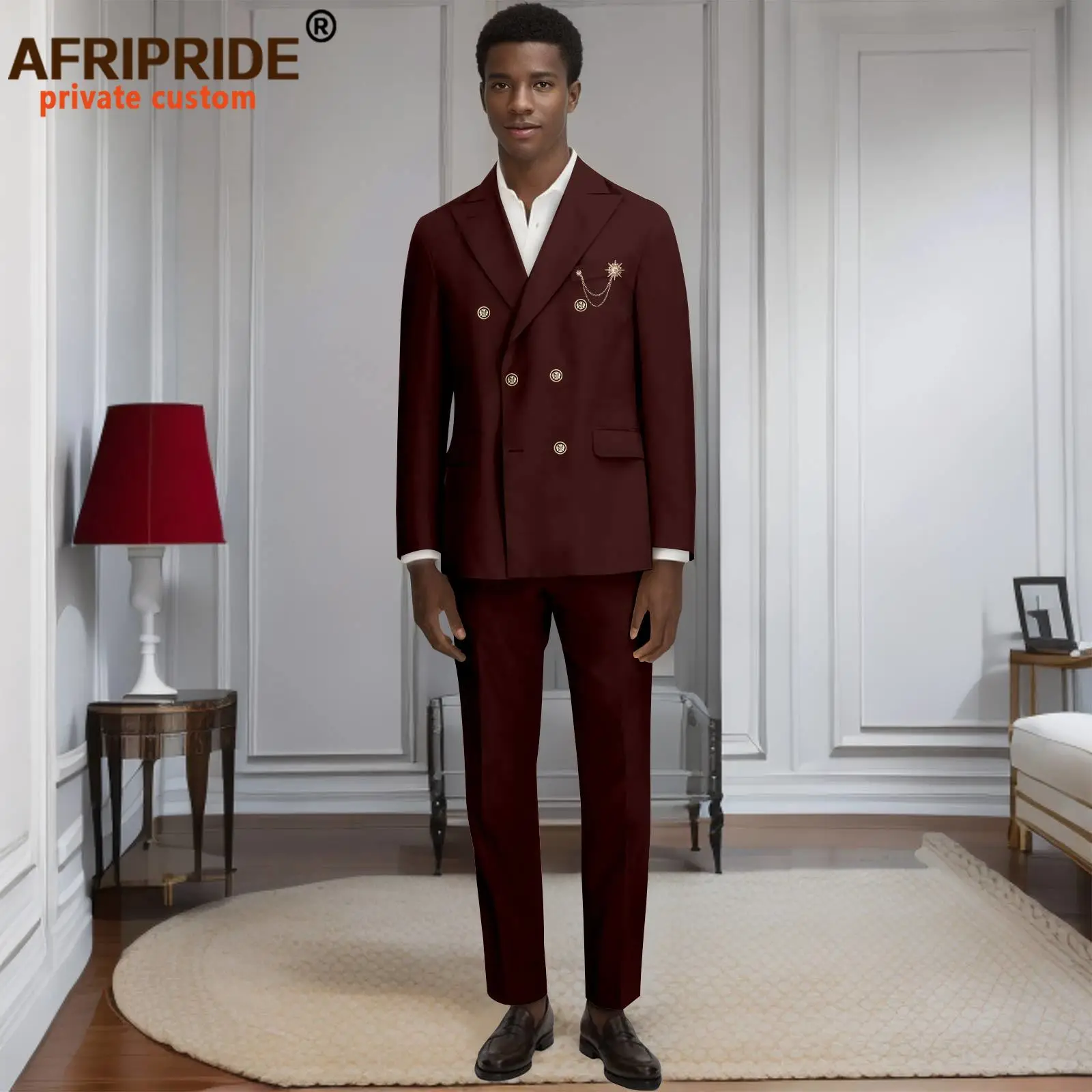 Dashiki Men Business Suits Double Beasted Brooch Blazer and Pants Set Formal Outfits African Clothes 2516031