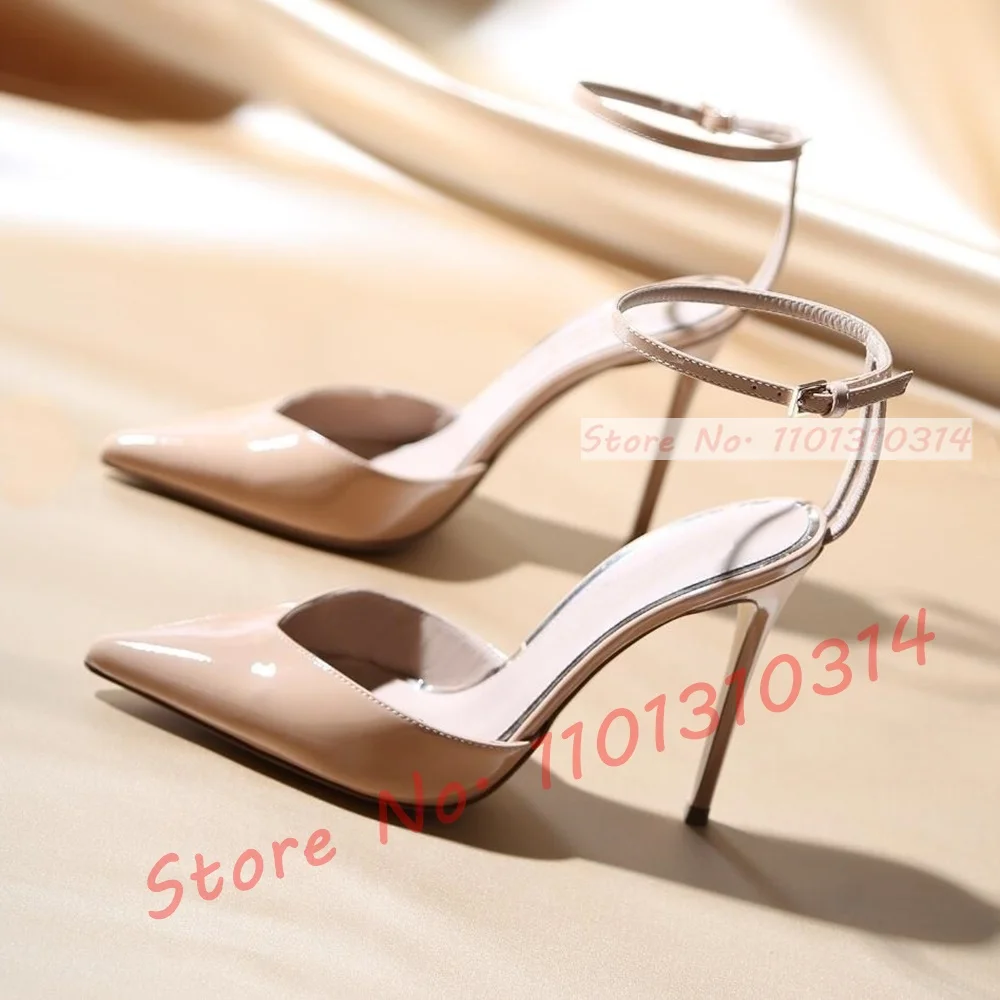 Nude Patent Leather Pointy Toe Sandals Women Casual Thin High Heels Shoes Double Back Strap Party Elegant Silver Evening Sandals