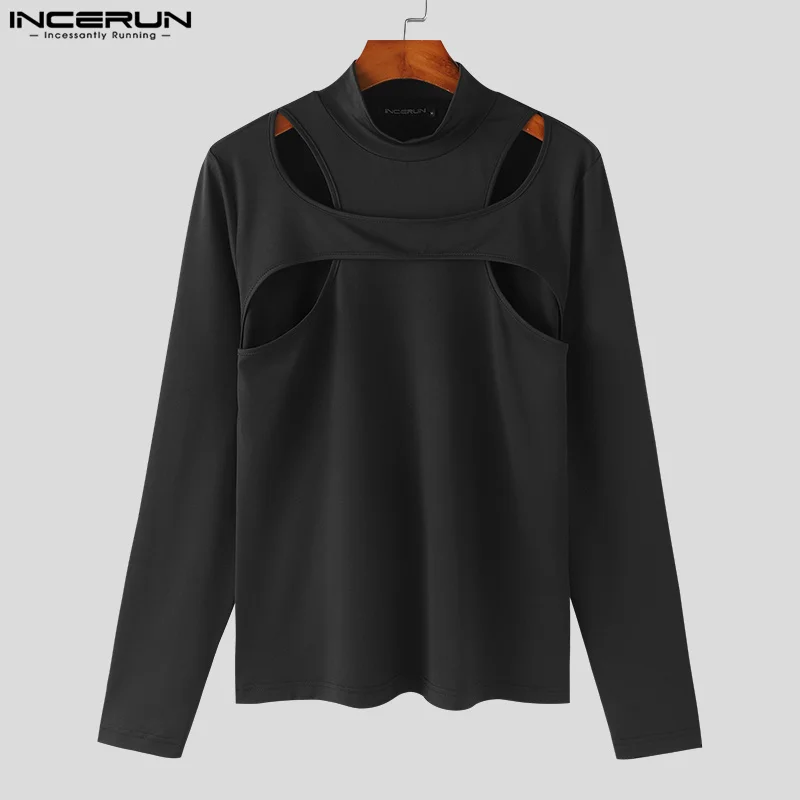 2023 Men T Shirt Solid Color Turtleneck Long Sleeve Streetwear Hollow Out Camisetas Fitness Fashion Irregular Tee Tops INCERUN