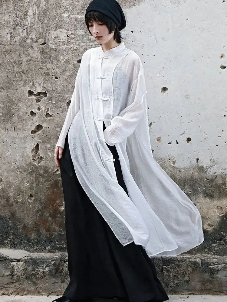 Chinese Style Vintage Blouse For Women Stand Neck Long Sleeve Shirts Split See Throught Casual Blusas De Mujer Oversized Tops