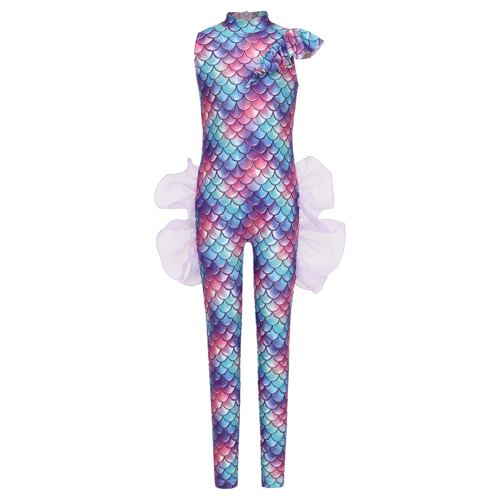 Children Girls Mermaid Princess Jumpsuit Fish Scale Printed Swimsuit Sleeveless Ruffled Mesh Unitards Ballet Gymnastics Leotard