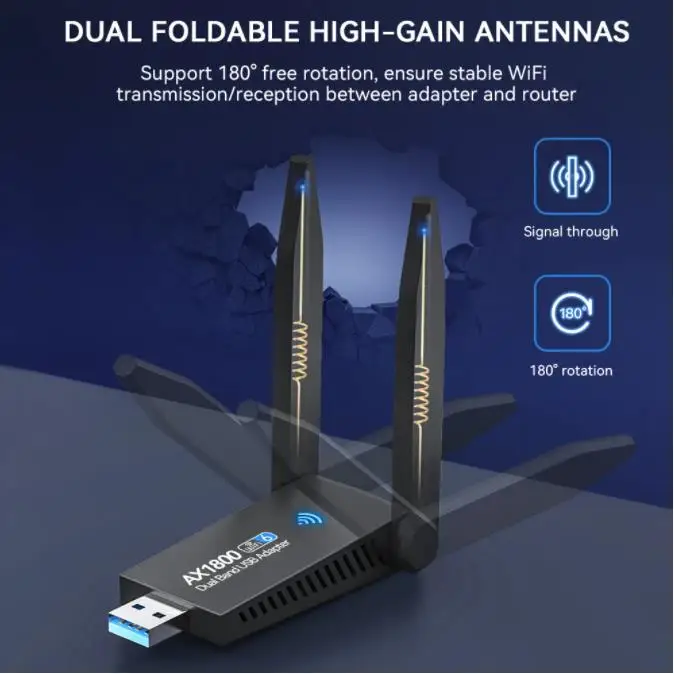 1300/1800M USB WIFI6 Adapter Dual Antenna Network Card AX1800 Dual Band 2.4G 5G WiFi Adapter PC for Laptop Tablet Game Controlle