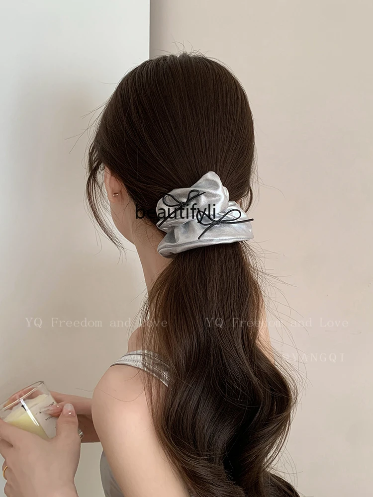 

Silver Leather Bowknot Hair Ring Niche Ins Simple High Sense All-Match Horsetail Tied Hair Accessories