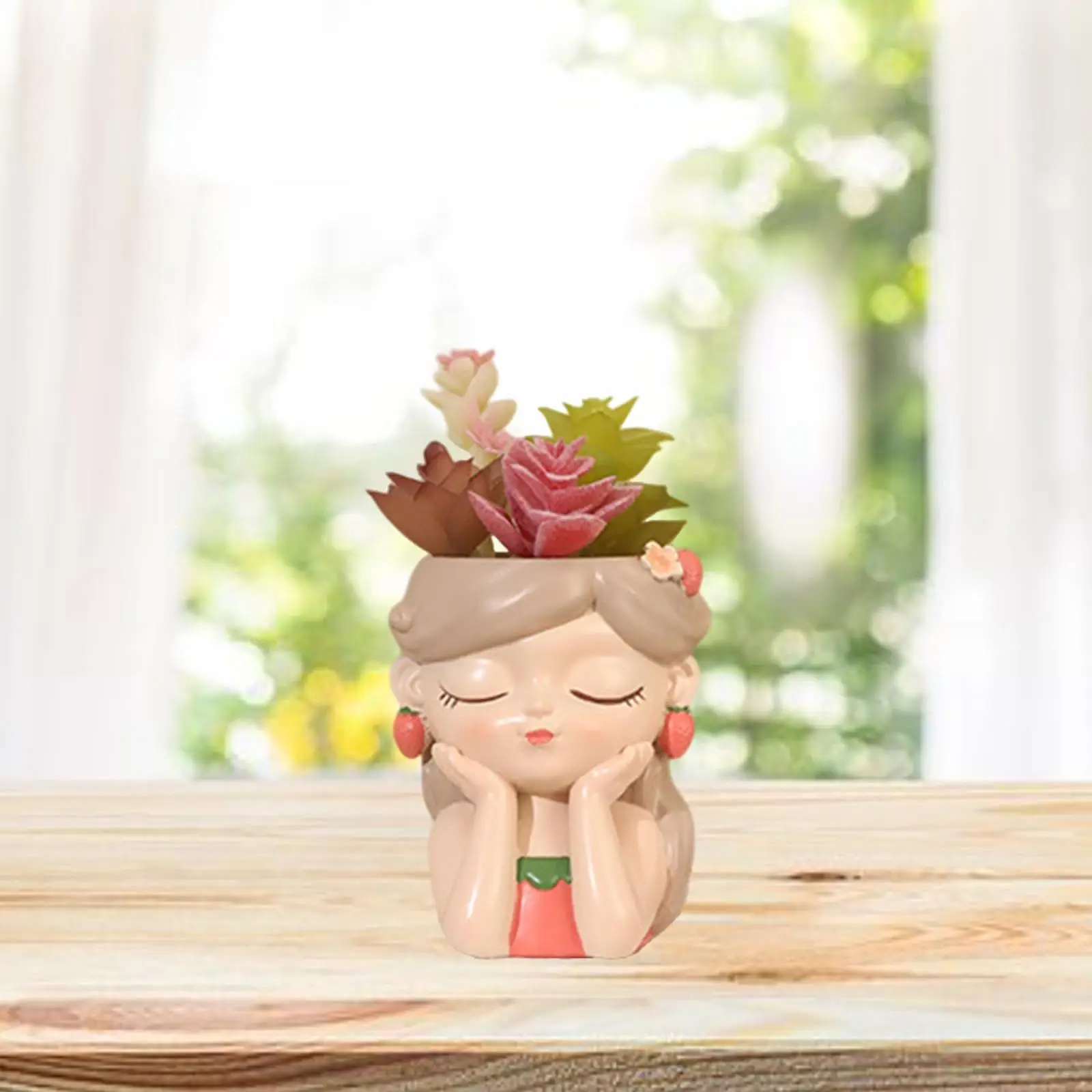 Funny Cartoon Girl Flowerpot Resin Planter with Drainage Hole for Indoor Plants Desktop Ornament Gift Home Decor